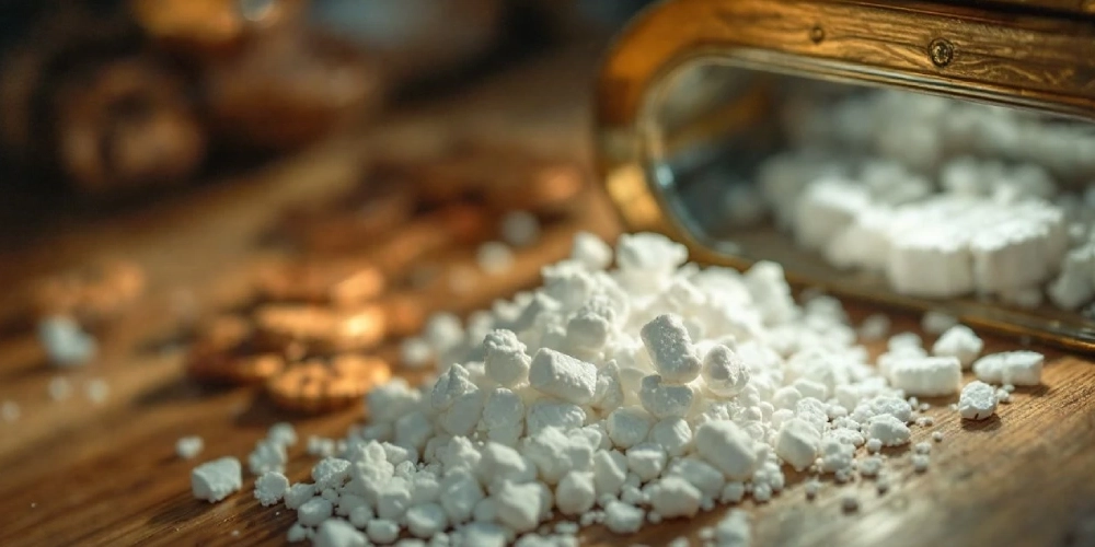 Witte brokjes research chemical poeder op een houten oppervlak met spiegel, mogelijk gebruikt voor microdosering of analyse
