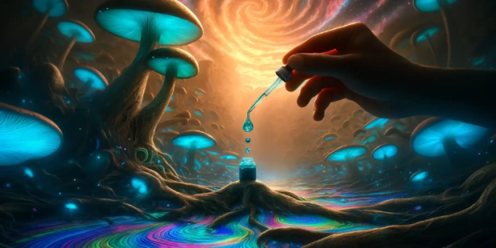 Trippy fantasiewereld met magische paddestoelen en een pipet die vloeistof in een flesje laat vallen
