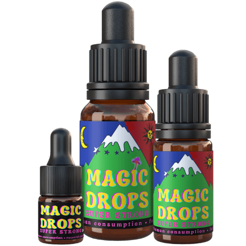 Magic Drops Super Strong paddo druppels flesjes dicht bij elkaar geplaatst